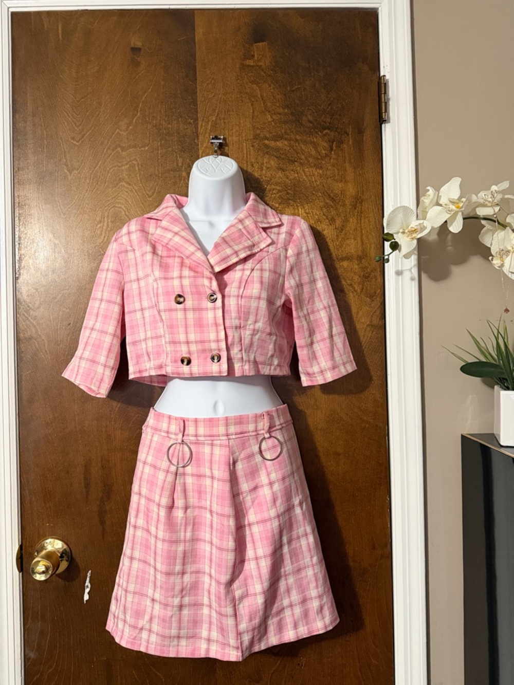 SHEIN Pink Plaid Cropped Blazer and Skirt Set